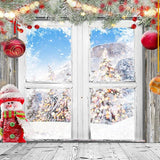 Laden Sie das Bild in den Galerie-Viewer, Fox Winter Door Christmas Balls Snowman Vinyl Backdrop-Foxbackdrop